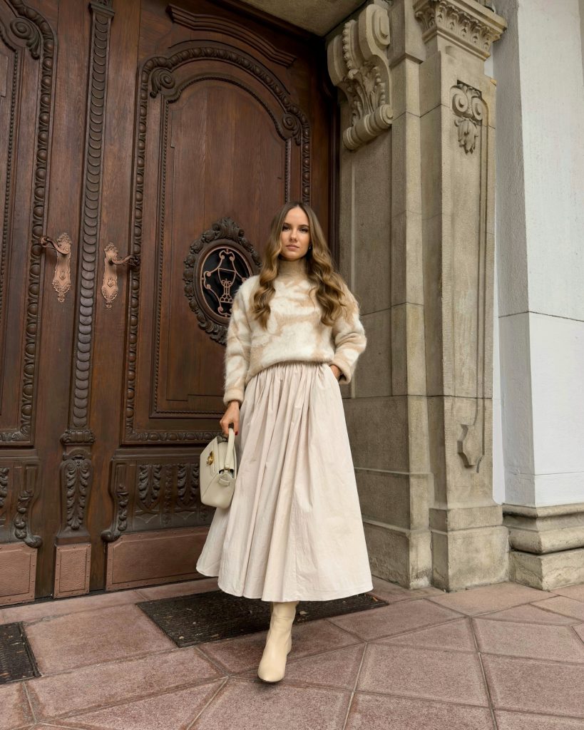 Beige Patterned Sweater + Cream Maxi Skirt + Pointed Boots