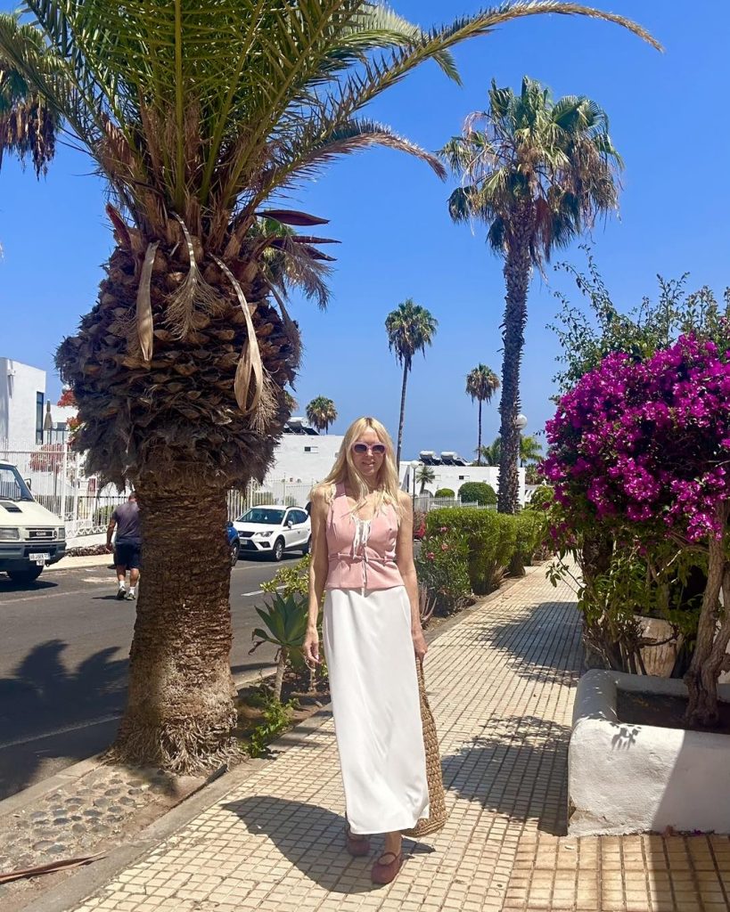  White Silk Maxi Skirt + Pink Lace-Up Vest + Lavender Sunglasses