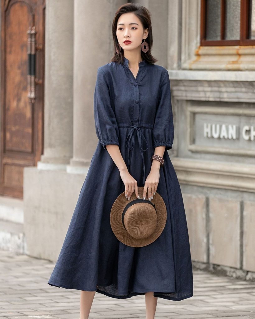 Navy Linen Button-Down Dress + Straw Boater Hat