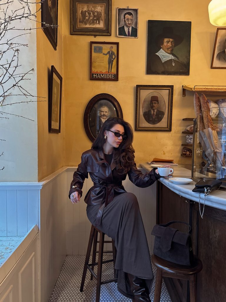 Dark Brown Leather Jacket + Chocolate Maxi Skirt + Black Sunglasses