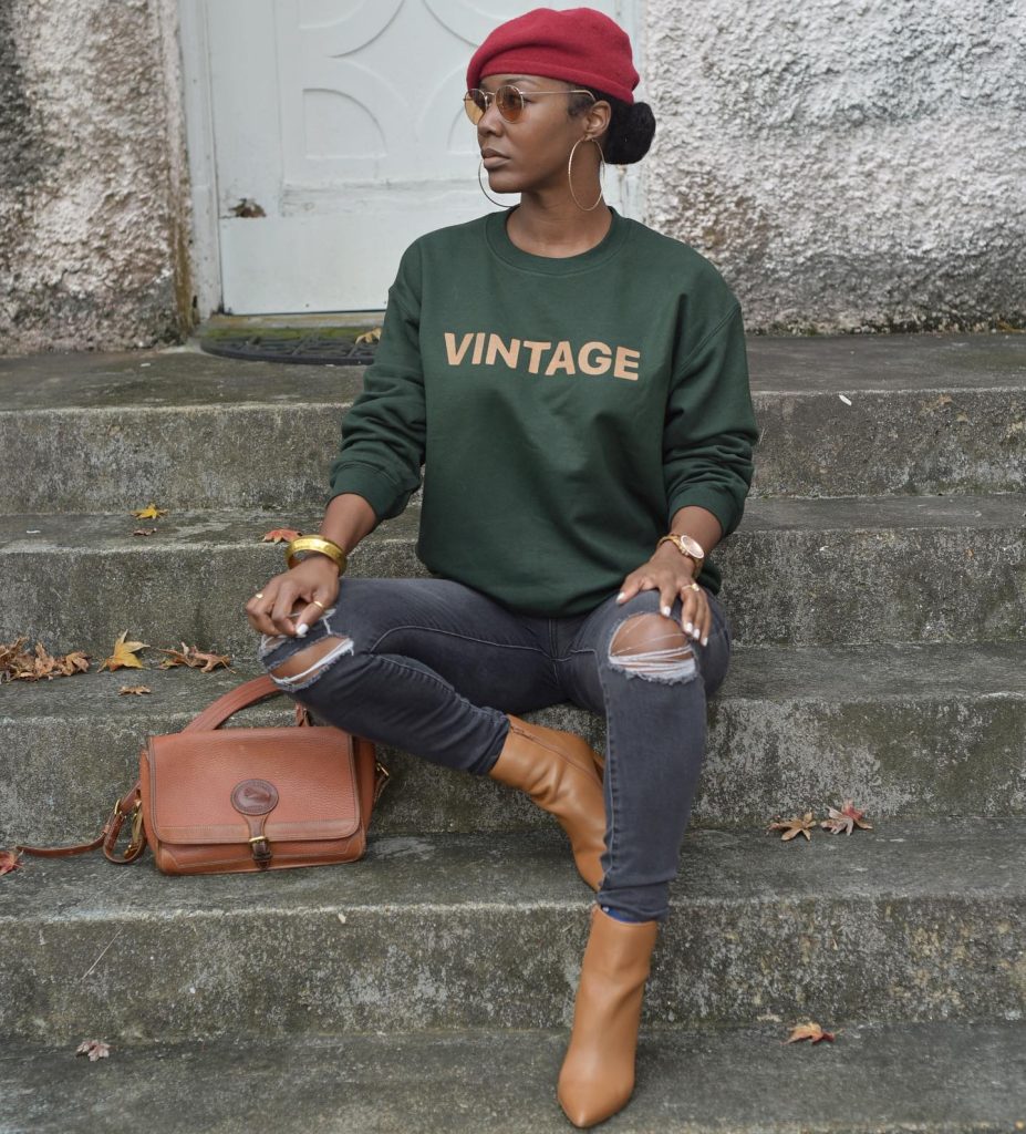  Forest Green Sweatshirt + Distressed Skinny Jeans + Tan Ankle Boots