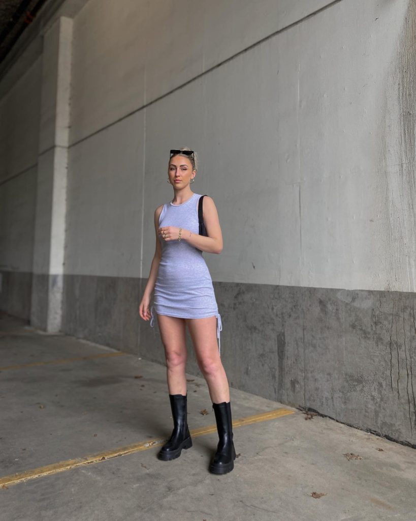  Heather Grey Mini Dress + Black Shoulder Bag + Black Mid-Calf Boots