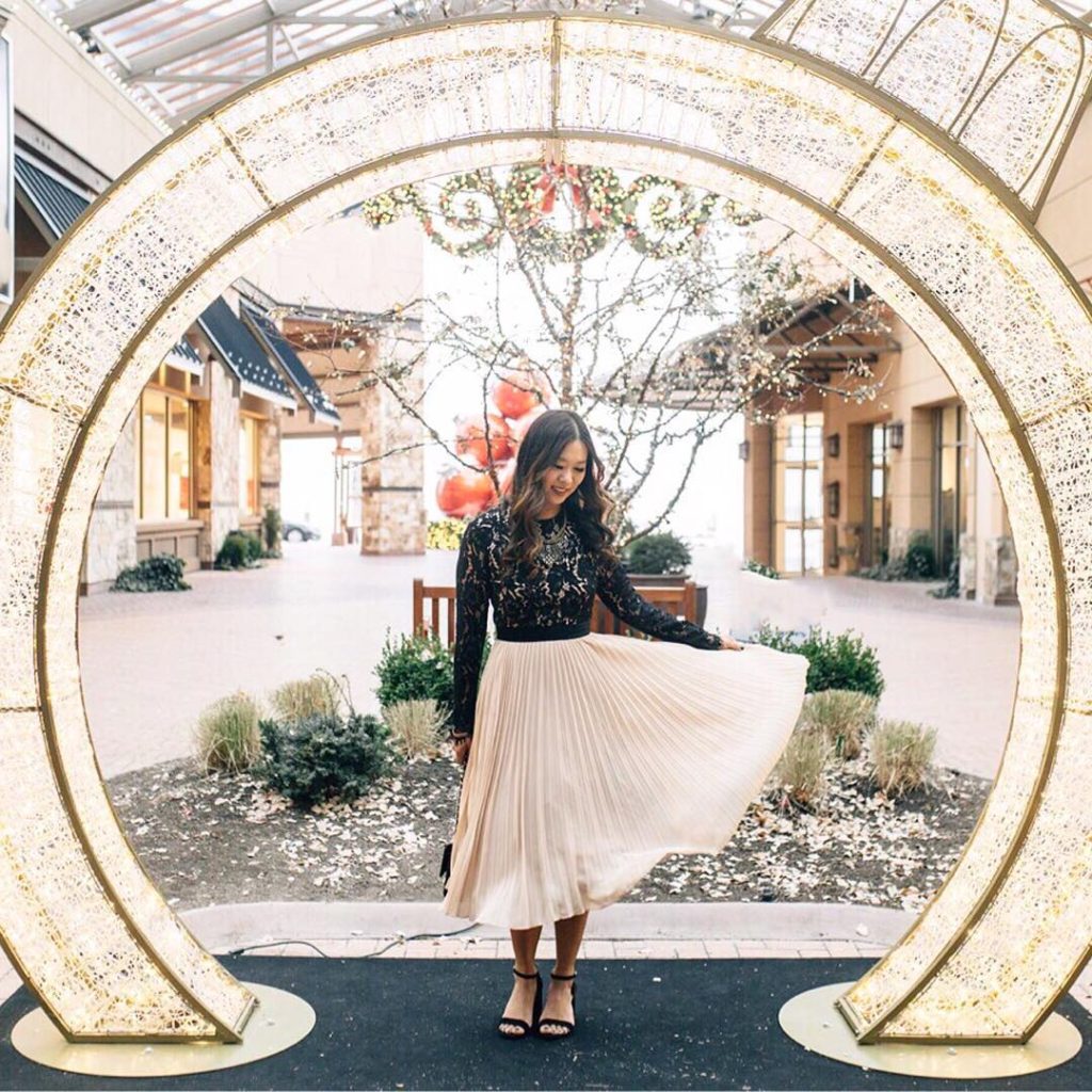 Black Lace Bodice + Champagne Pleated Midi Skirt