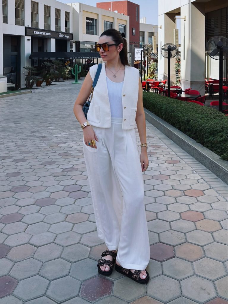 Off-White Tweed Vest + White Wide-Leg Trousers