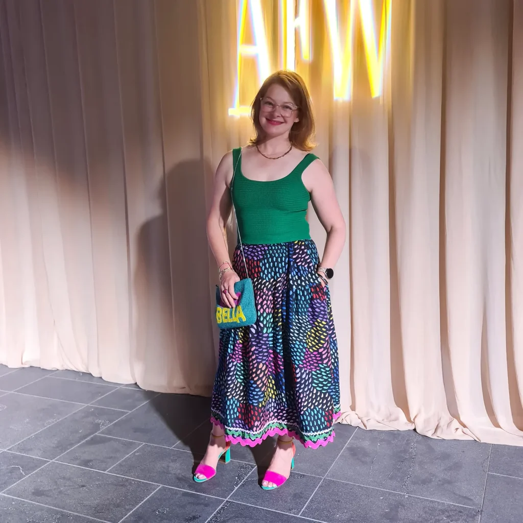 Multi-Color Patterned Maxi Skirt + Green Ribbed Tank Top + Pink Block Heels
