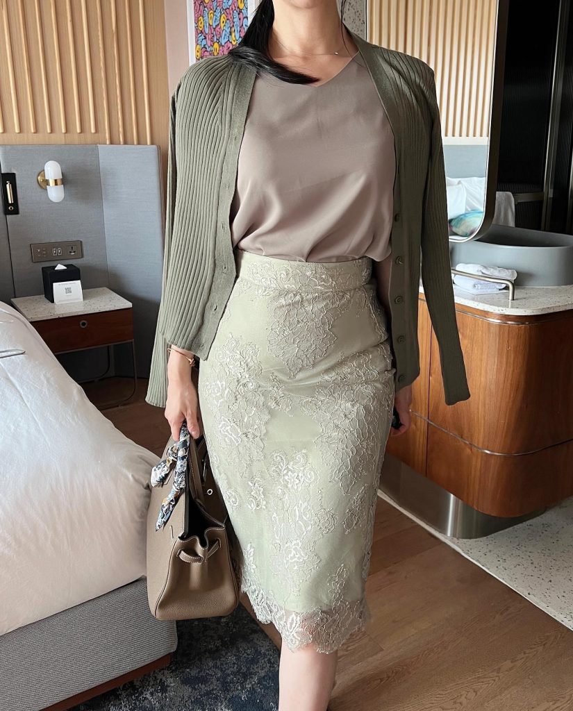Sage Lace Pencil Skirt + Taupe Silk Camisole + Ribbed Cardigan