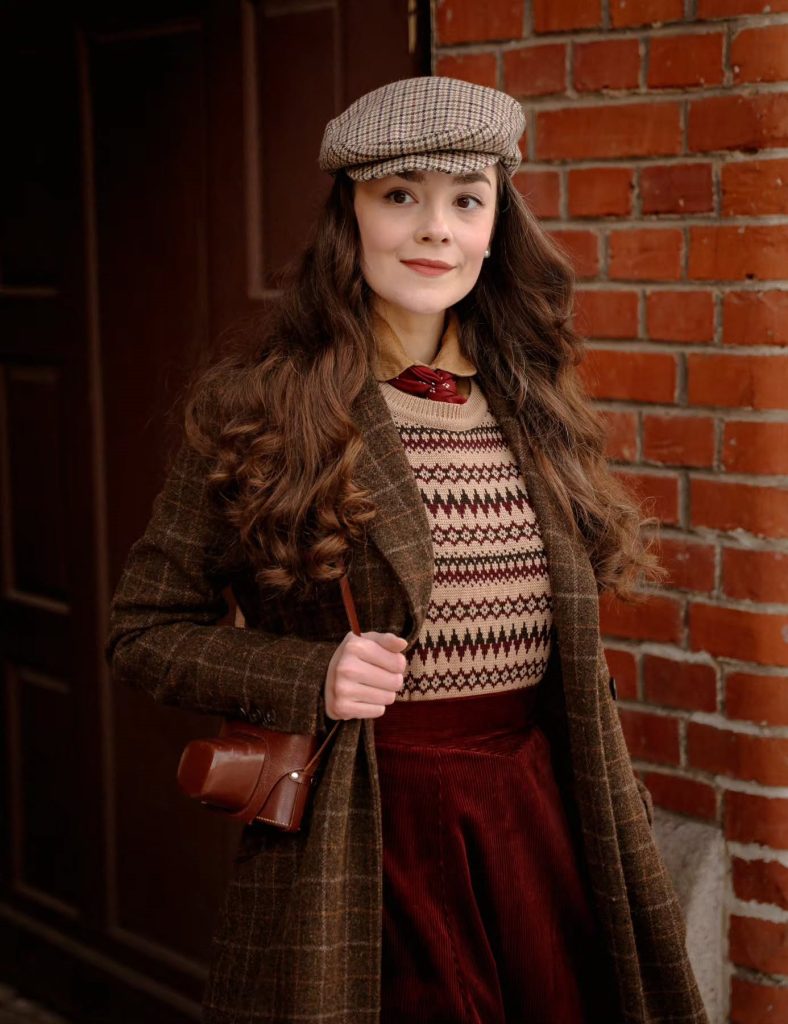 Brown Checkered Coat + Fair Isle Sweater + Corduroy Skirt
