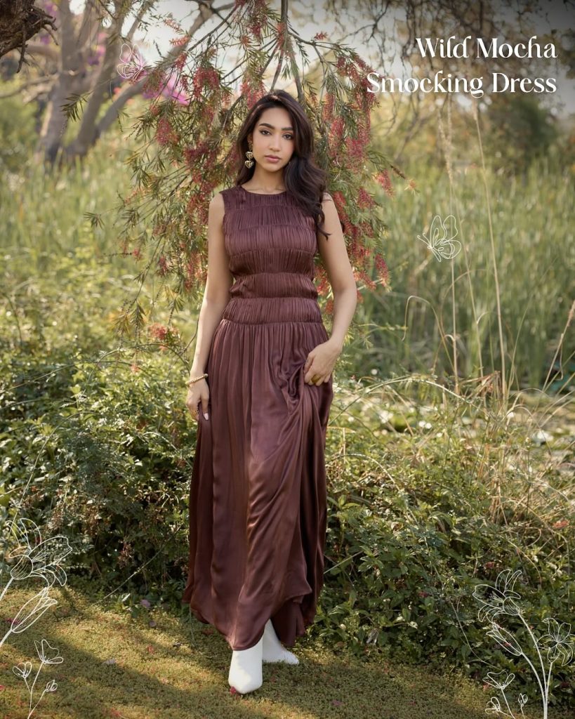  Mocha Smocking Dress + Sleeveless High-Neck + Flowing Satin Skirt