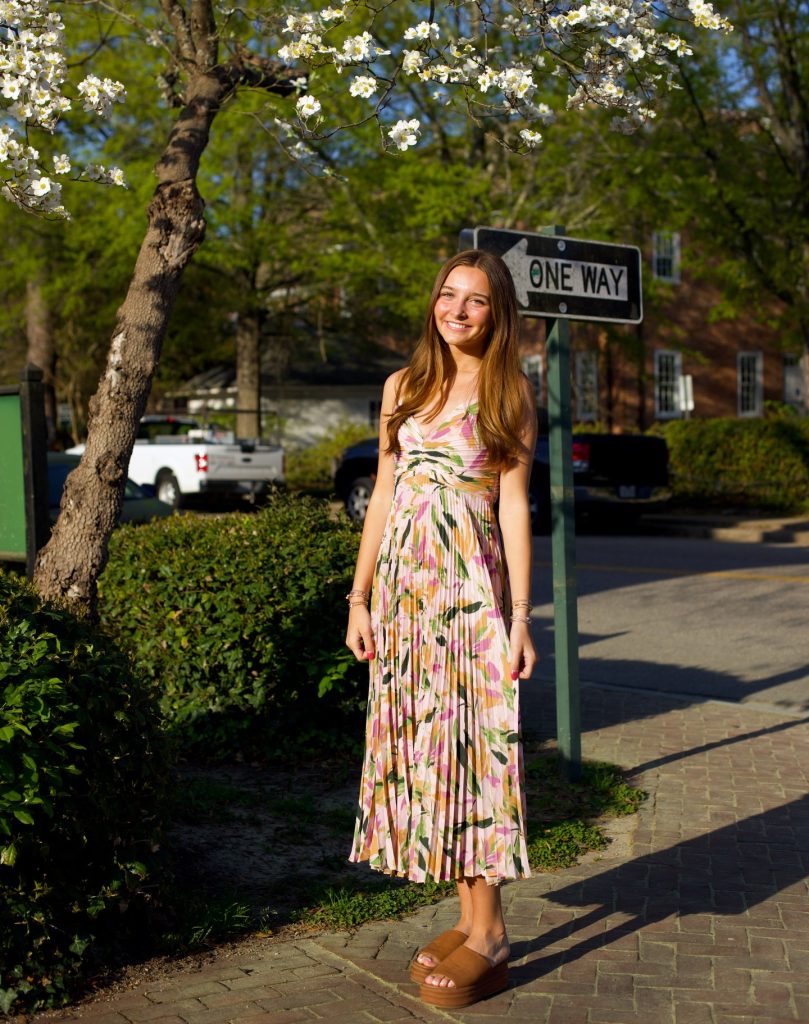 Floral Pleated Midi Dress + Brown Platform Mules + Gold Bracelets