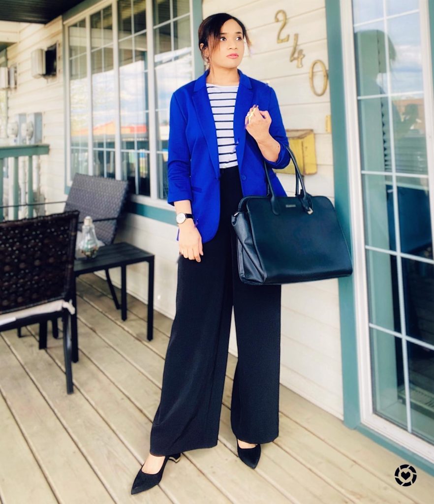 Royal Blue Blazer + Striped Top + Black Wide-Leg Trousers