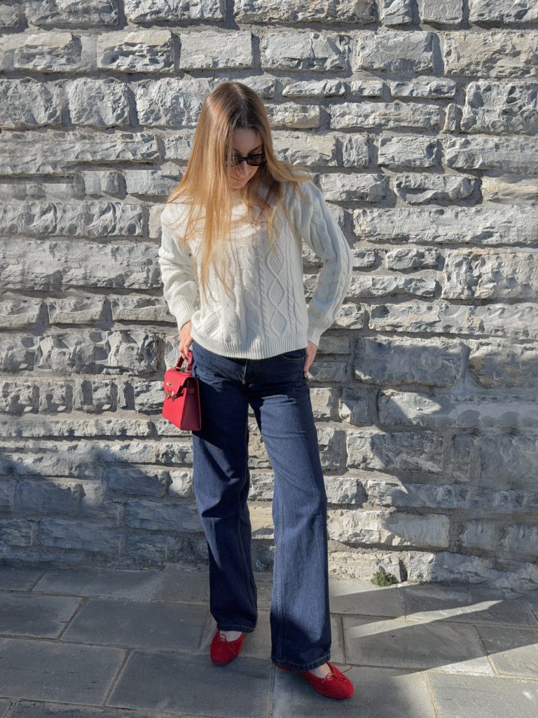 White Cable-Knit Sweater + Dark Wash Wide-Leg Jeans + Red Ballet Flats