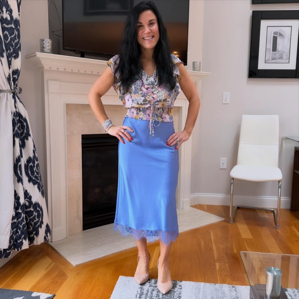 Floral Blouse + Blue Satin Skirt + Nude Pumps