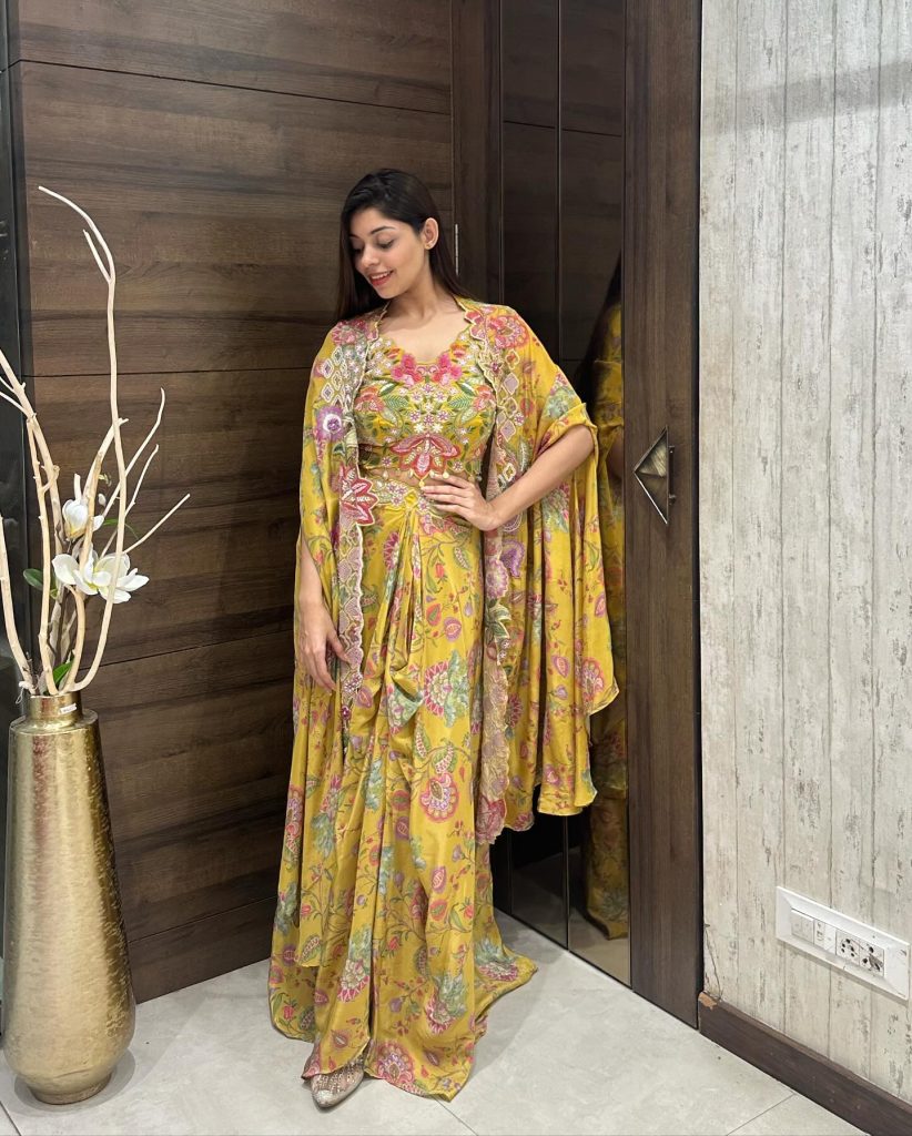 Yellow Floral Co-ord Set + Embroidered Cape + Silver Mules