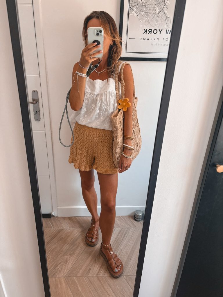 White Embroidered Top + Mustard Knit Shorts