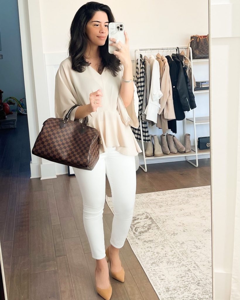 Cream Peplum Blouse + White Skinny Jeans