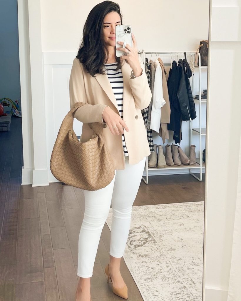 Beige Tailored Blazer + Striped Long Sleeve Top + White Skinny Jeans