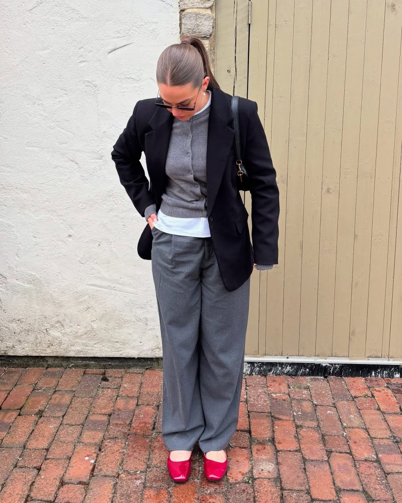 Black Blazer + Grey Cardigan + Wide-leg Slacks