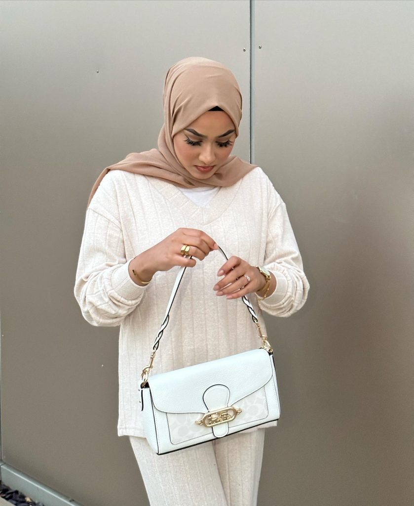 Cream Ribbed Sweater + Beige Hijab + Matching Knit Trousers