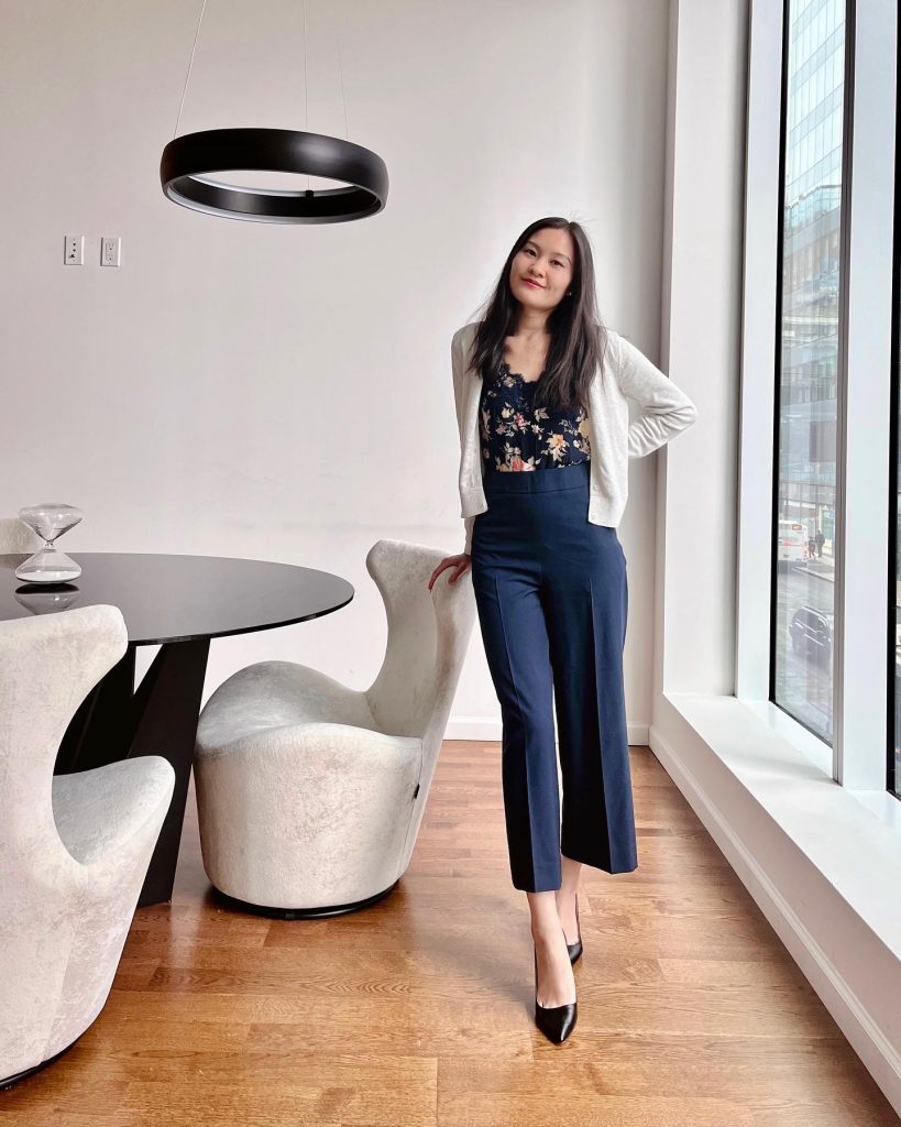 White Lightweight Cardigan + Floral Lace Camisole + Navy Wide-Leg Pants