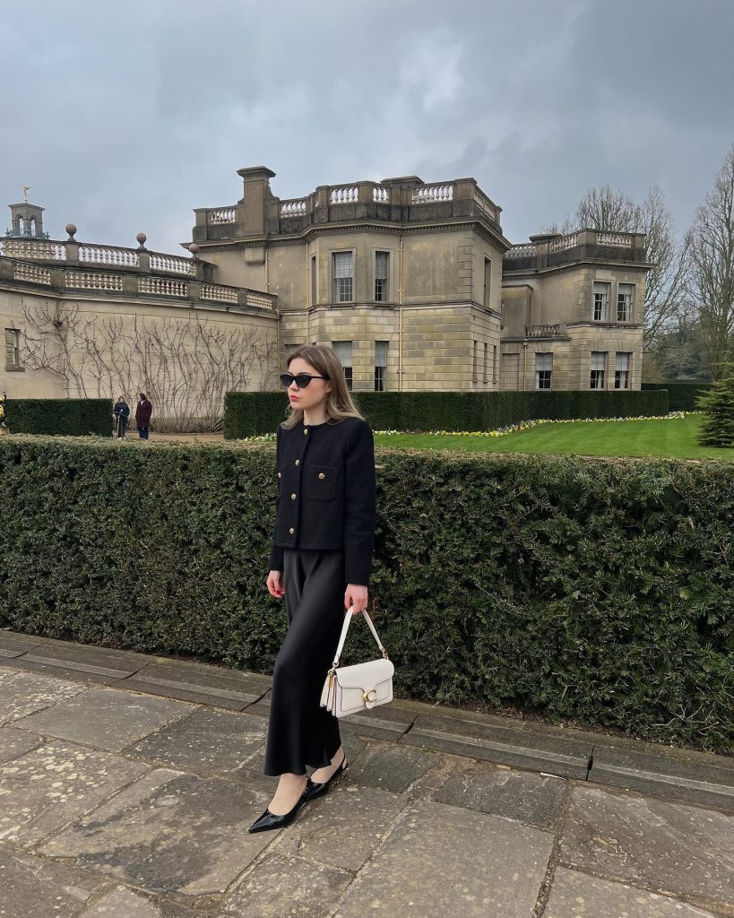 Black Tweed Jacket + Satin Maxi Skirt + Pointed Slings