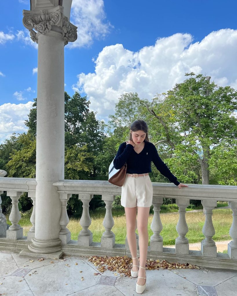Navy V-neck Sweater + Tailored Shorts + Mary Jane Heels