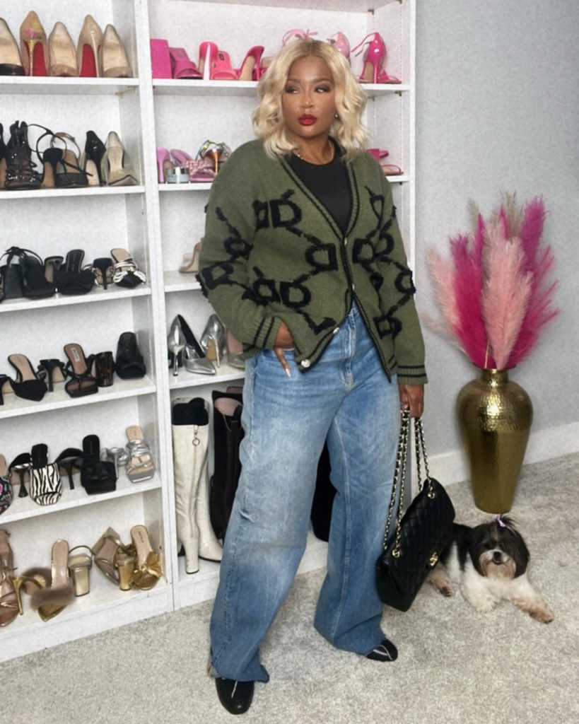 Olive Cardigan + Black Tee + Wide Leg Jeans