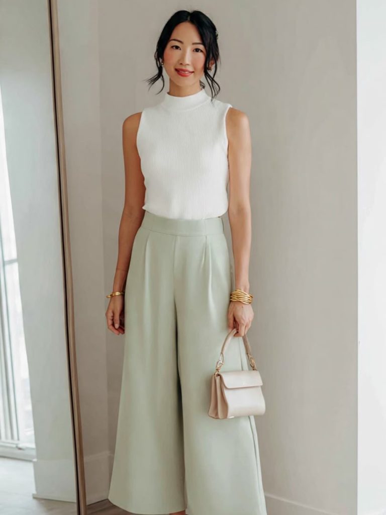 White Mock-Neck Top + Mint Green Wide-Leg Trousers + Beige Top-Handle Bag