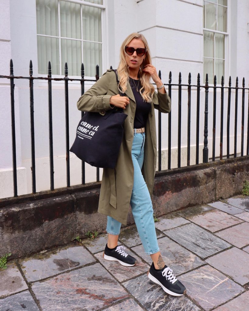 Olive Trench Coat + Black Bodysuit + Straight-leg Jeans