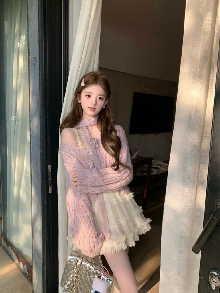 Lavender Cable-Knit Cardigan + Ruffled Mini Skirt + Tulle Top