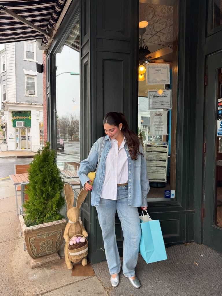 Light Wash Denim Shirt + White Striped Button-Down + Straight-Leg Blue Jeans