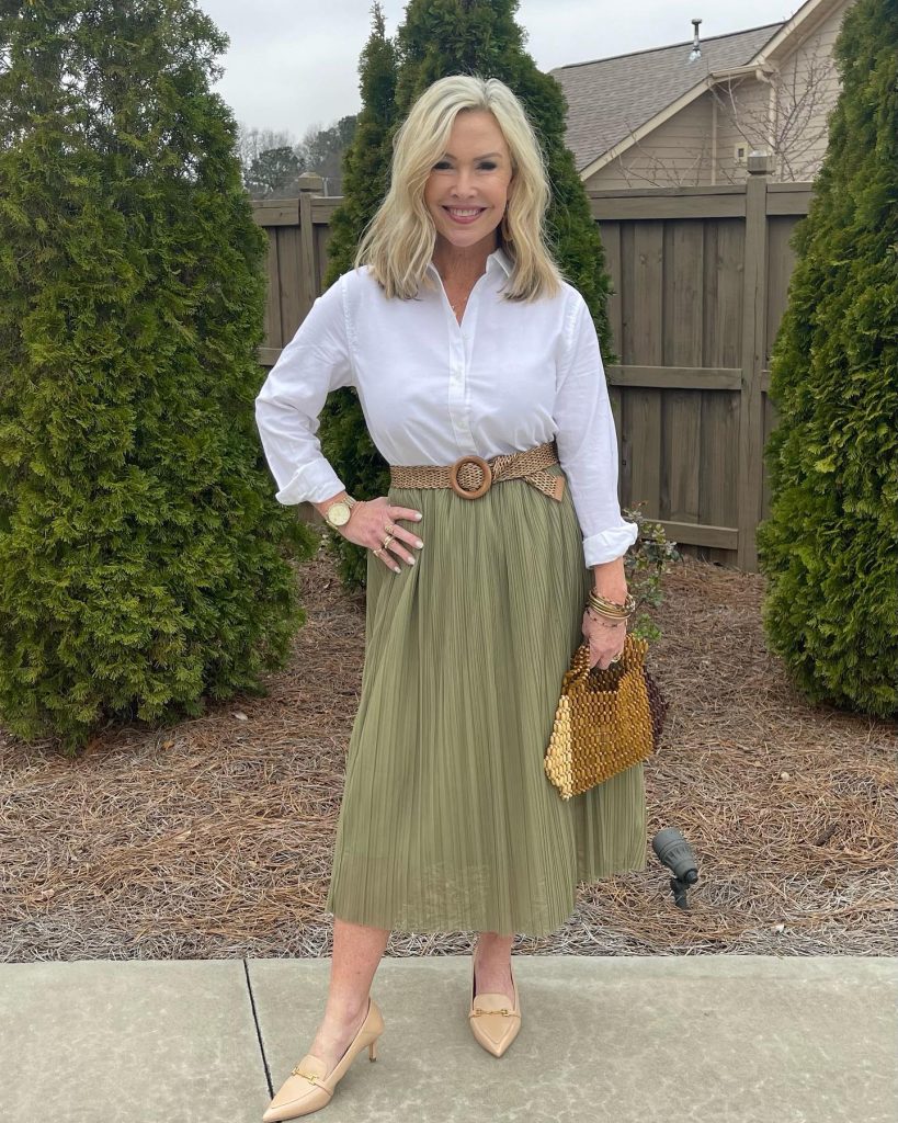 White Crisp Shirt + Olive Pleated Skirt + Woven Straw Belt