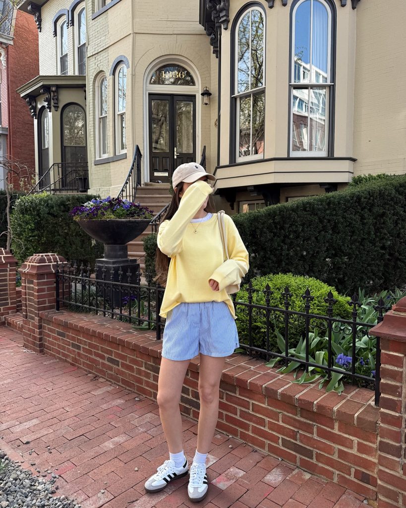 Yellow Oversized Knit + Striped Boxer Shorts + Baseball Cap