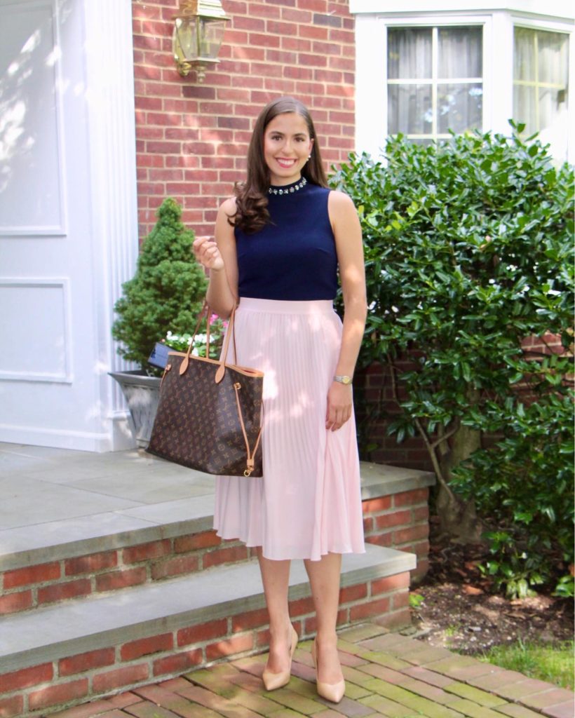  Navy Embellished Top + Pink Pleated Skirt + Nude Heels