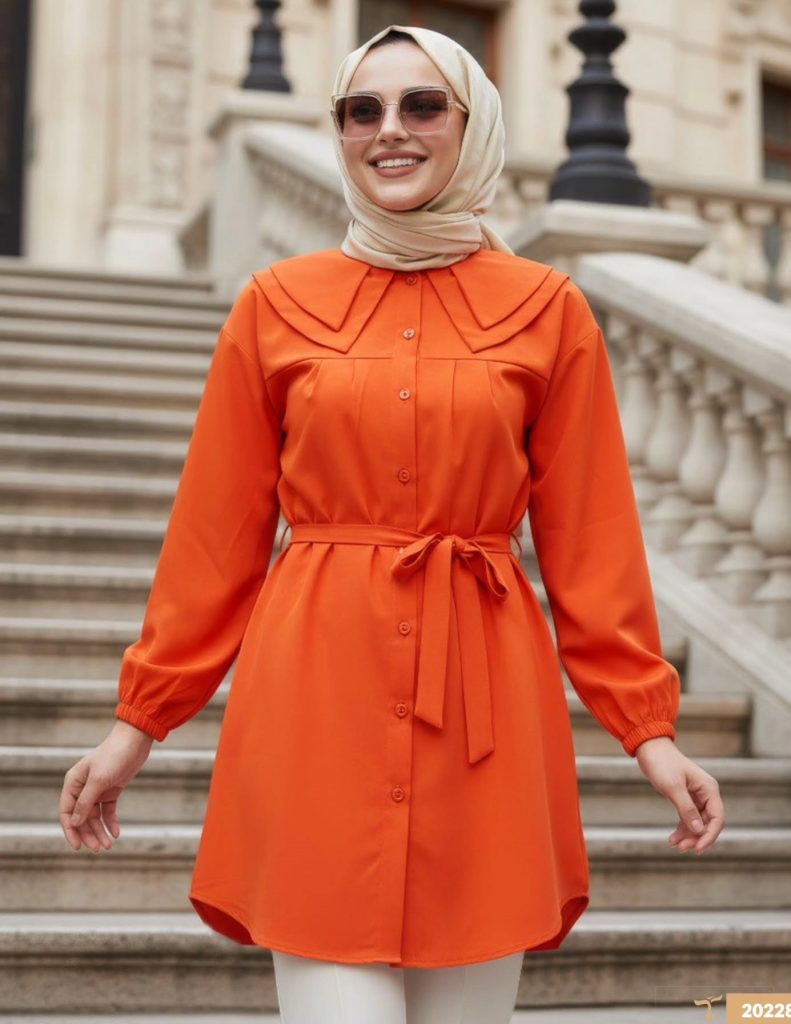 Orange Statement Collar Tunic + White Slim Trousers + Oversized Sunglasses