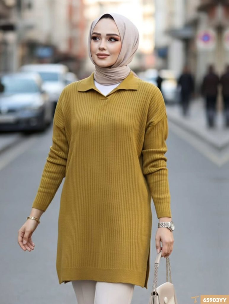 Mustard Ribbed Tunic + White Trousers + Neutral Hijab