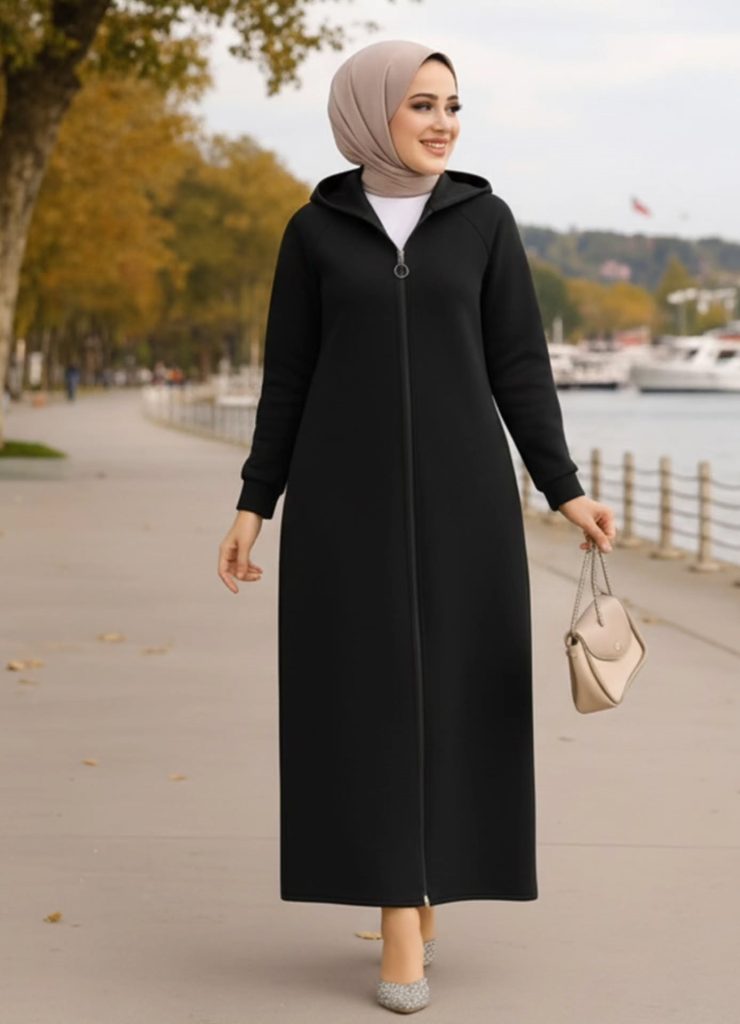 Black Hooded Abaya + Taupe Hijab + Patterned Flats