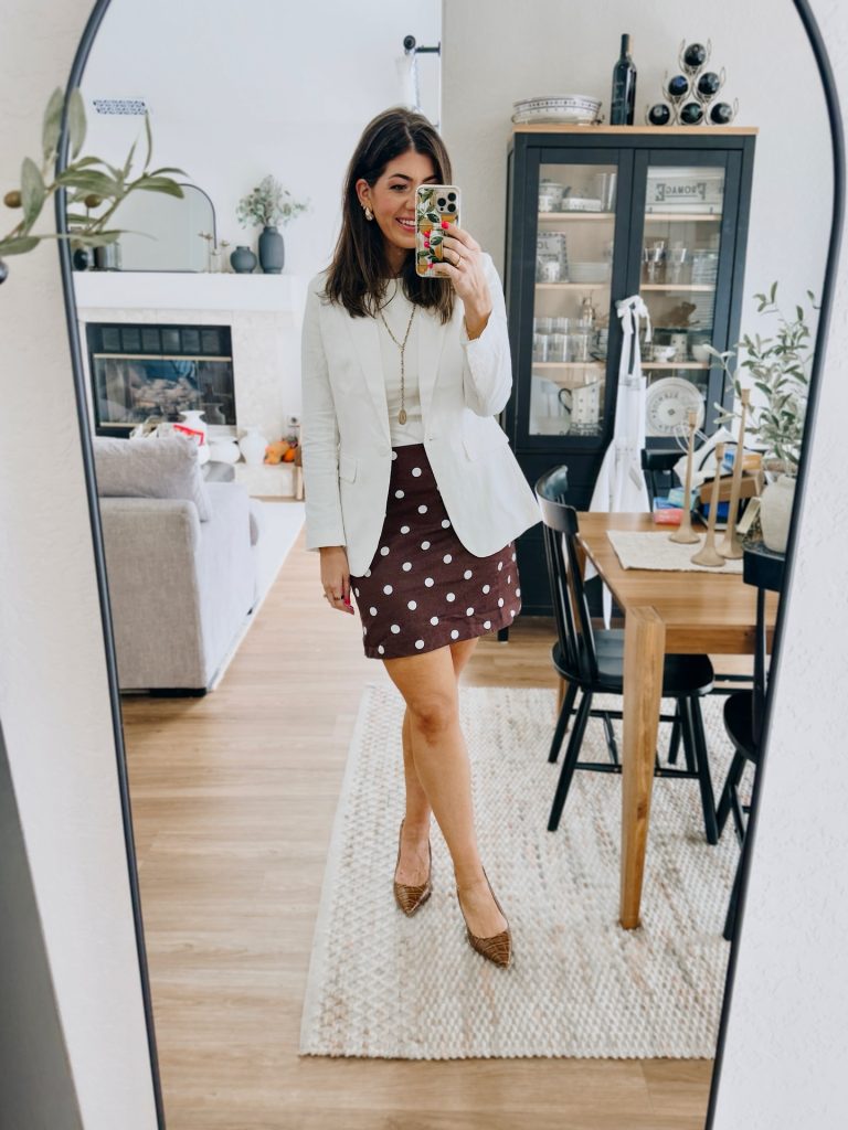White Blazer + Polka Dot Skirt + Brown Pumps