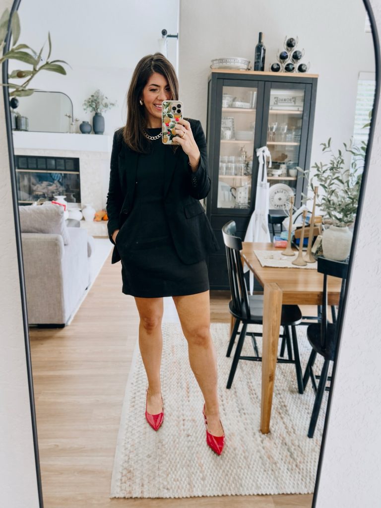 Black Tailored Blazer + Mini Shift Dress + Red Patent Heels