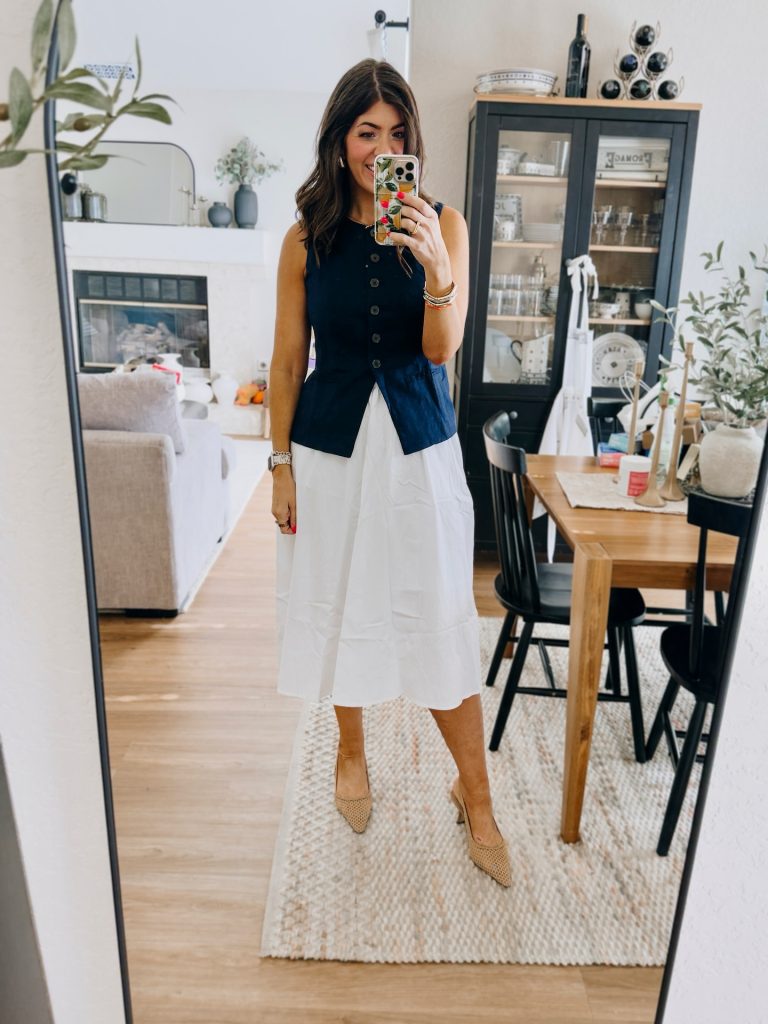 Navy Button-Down Vest + White Midi Skirt + Mesh Heels