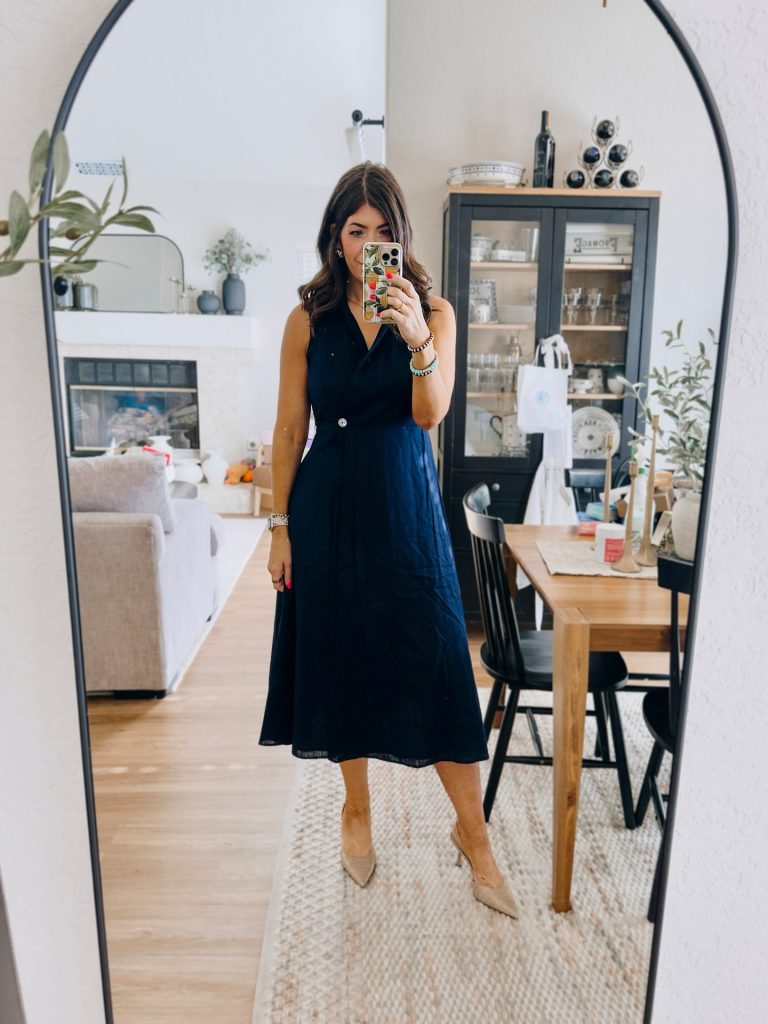 Navy Sleeveless Midi Dress + Neutral Pointed Heels + Gold Jewelry