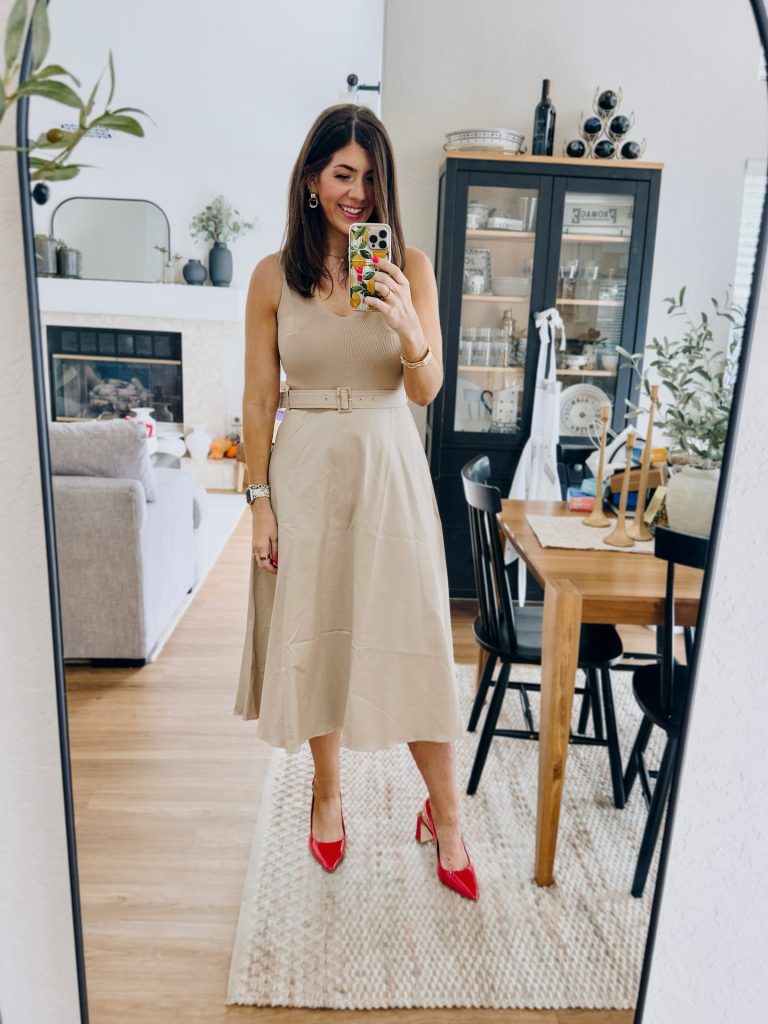 Beige Belted Dress + Knit Tank + Red Slingbacks