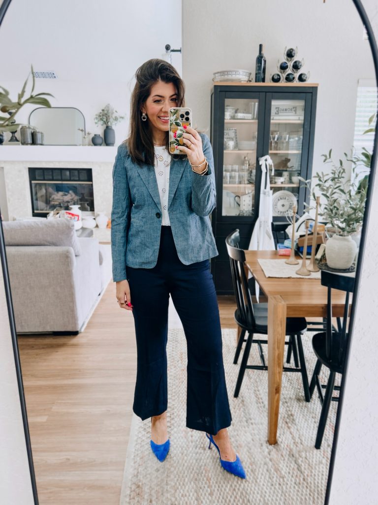 Blue Textured Blazer + Eyelet Top + Navy Cropped Flares