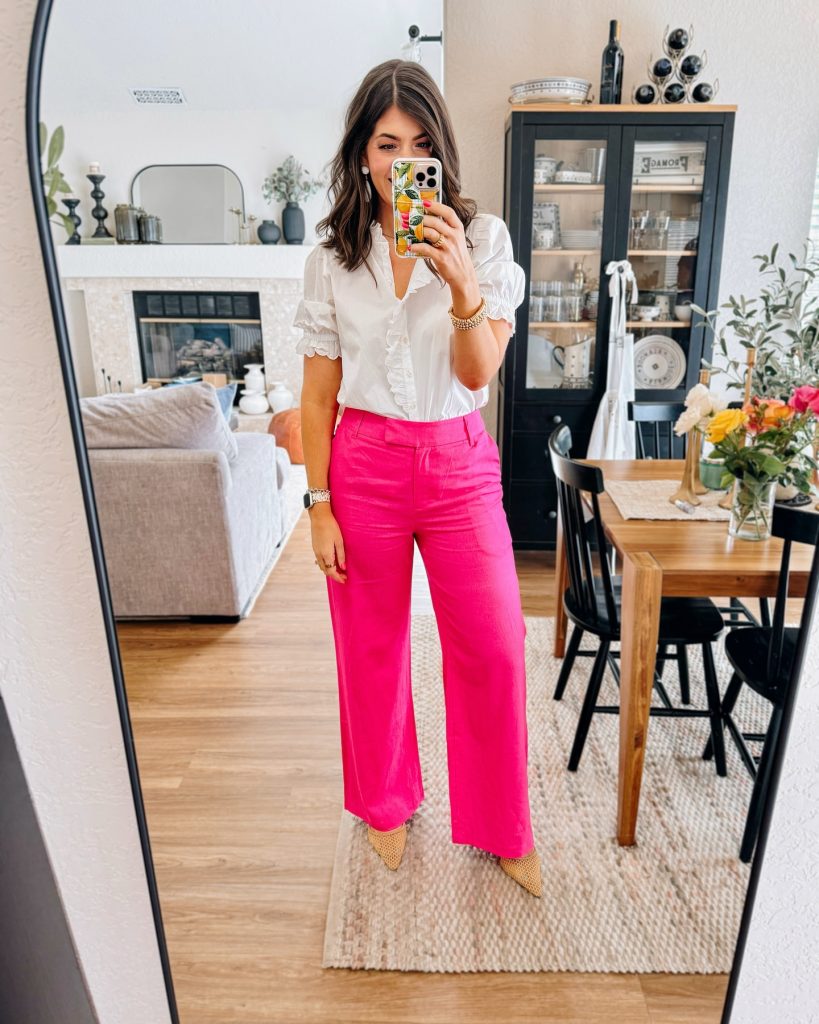 White Ruffle Blouse + Pink Wide-Leg Pants