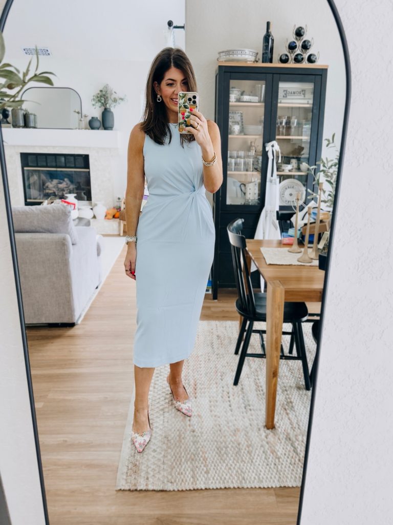 Pastel Blue Twisted Waist Dress + Floral Pointed Heels + Gold Bangles