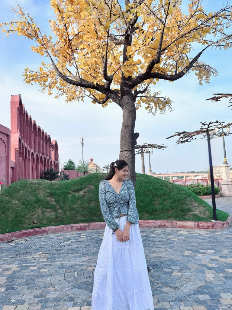 Blue Floral Blouse + Tiered Maxi Skirt + White Hair Clip