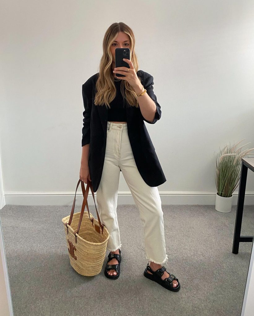 Black Relaxed Blazer + Black Crop Top + Off-White Straight Jeans