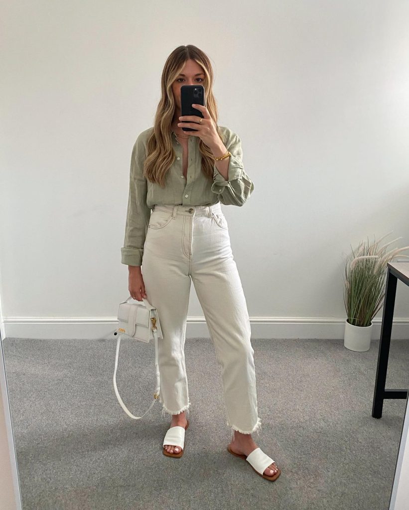 Sage Linen Shirt + Off-White Straight Jeans