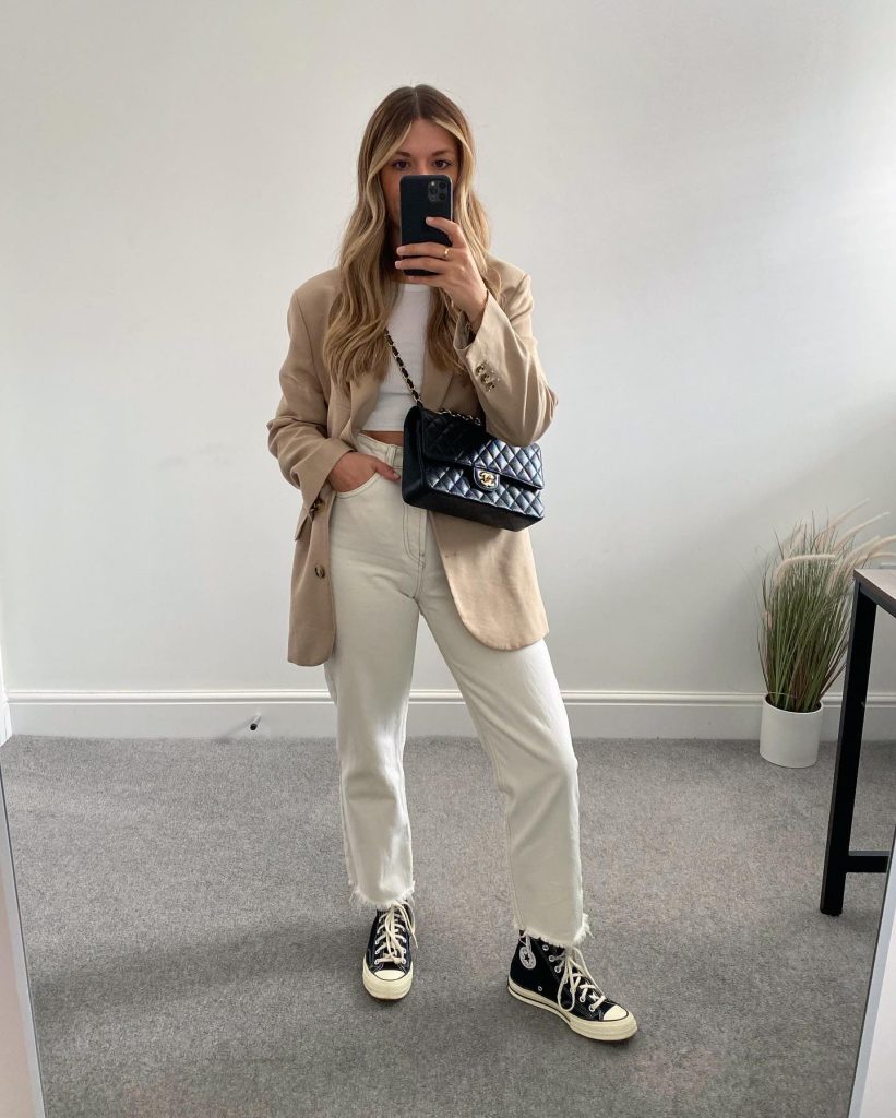Beige Oversized Blazer + White Crop Top + Off-White Straight Jeans