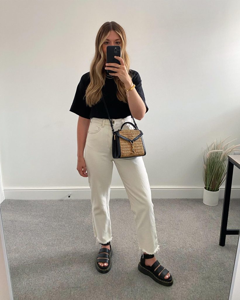 Black Short Sleeve T-Shirt + Off-White Straight Jeans