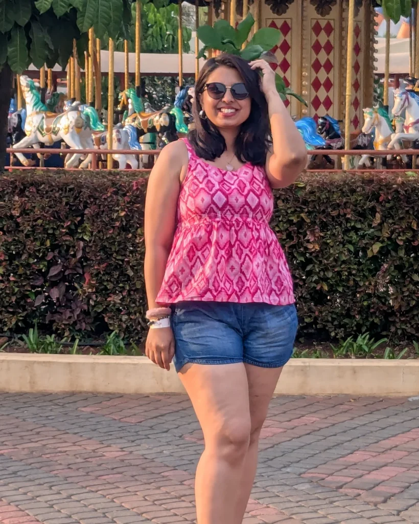  Pink Ikat Peplum Top + Denim Mini Shorts + Round Sunglasses